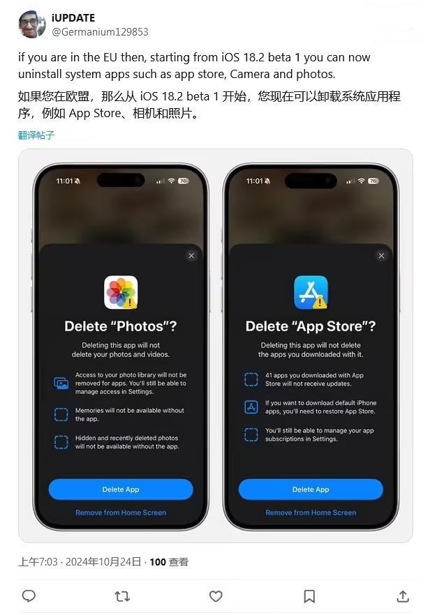 博望苹果手机维修分享iOS 18.2 支持删除 App Store 应用商店 